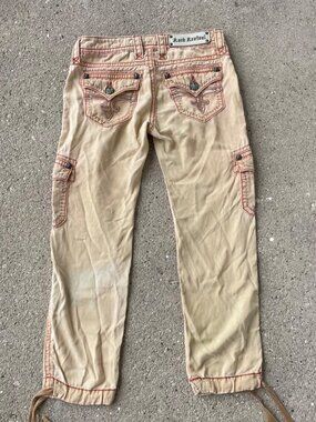 Vintage Y2K Rock Revival Cargo Capri Pants Tan Low Rise Embellished RARE Size 25